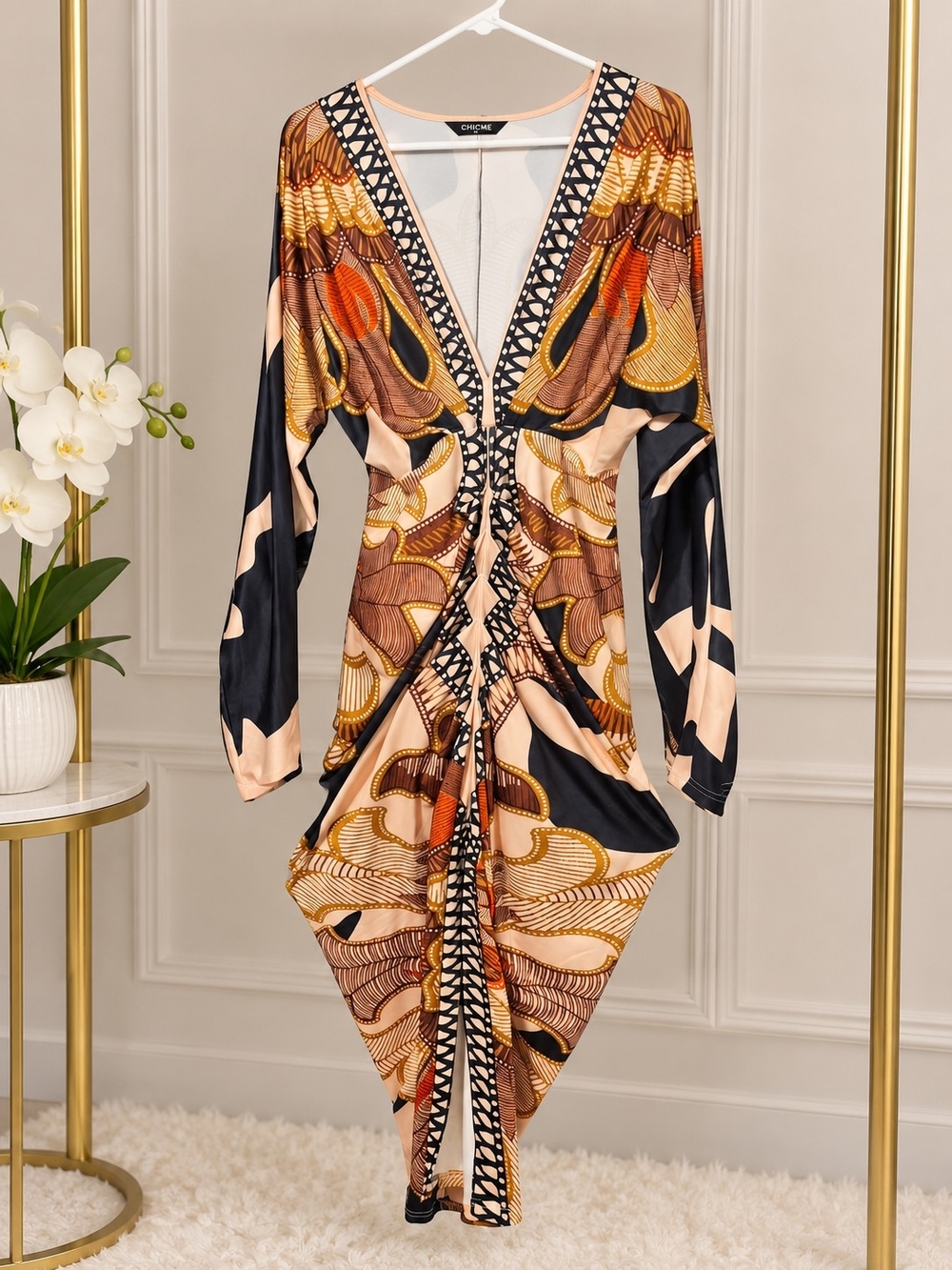 chic Long Sleeve V-Neck Ruched Midi Dress in Black, Cream, Brown, Orange